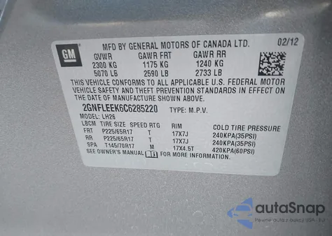 2012 Chevrolet Equinox 1Lt from USA, damaged, VIN 2GNFLEEK6C6285220